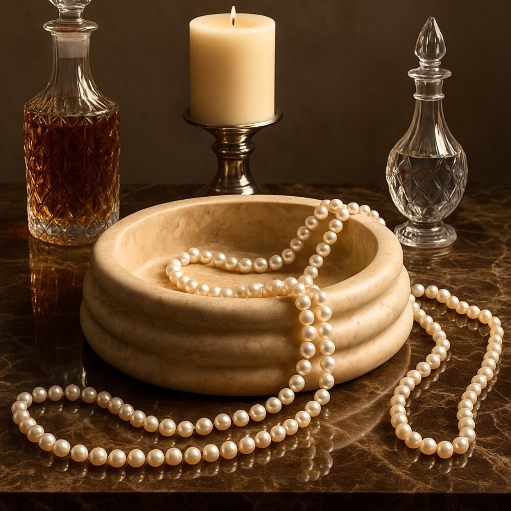NWT Round Travertine Marble Vanity Jewelry Serving Tray Dish Trinket Organizer